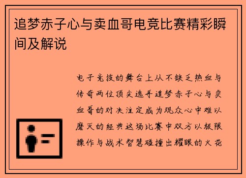 追梦赤子心与卖血哥电竞比赛精彩瞬间及解说