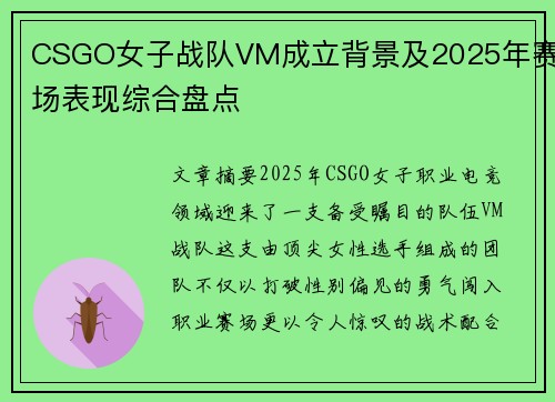 CSGO女子战队VM成立背景及2025年赛场表现综合盘点
